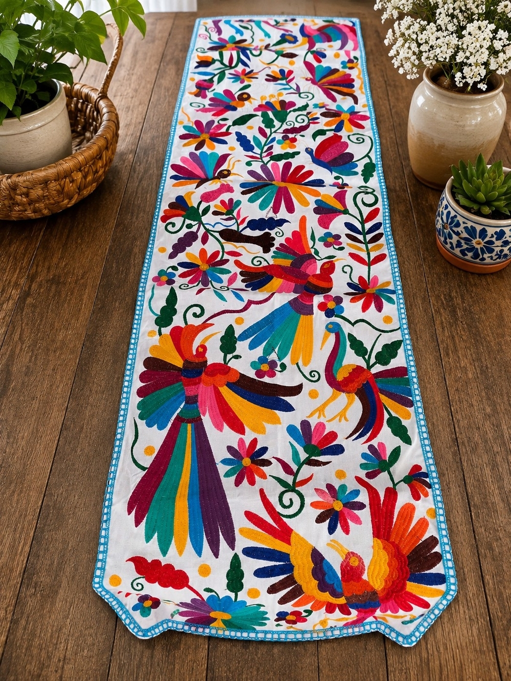 Multicolor Embroidered Bird & Floral Table Runner by